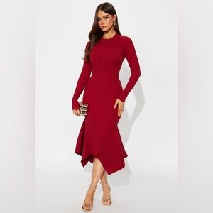 Rare Catch Long Sleeve Ribbed Midi Dress - Wine